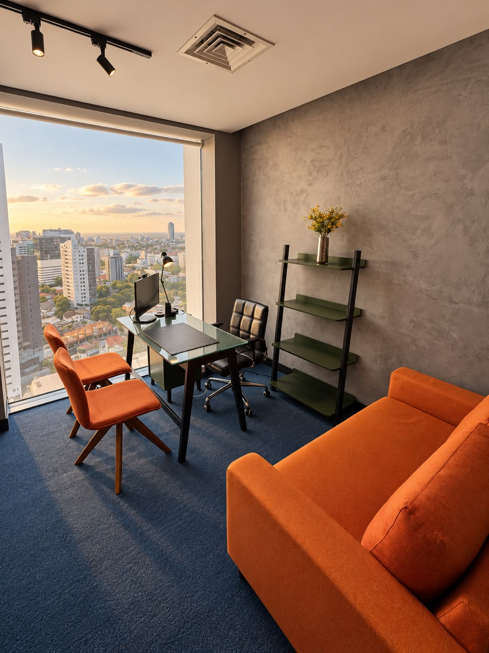 Consultório com vista panorâmica e poltronas laranja